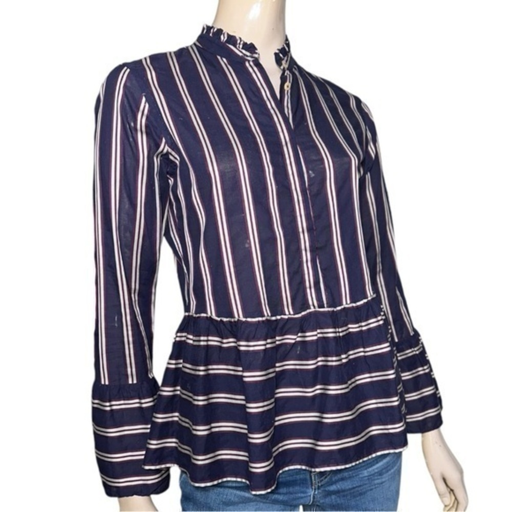 Le Sarte Pettegole Women’s Size 40 S Navy Blue Striped Peplum Button Down Shirt